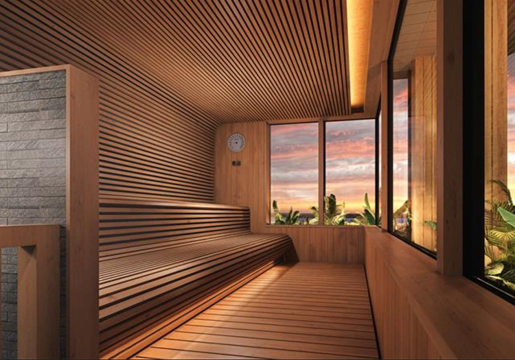 木の温もりと窓外の風景が調和するサウナ。心身を解き放つ、癒やしの空間です