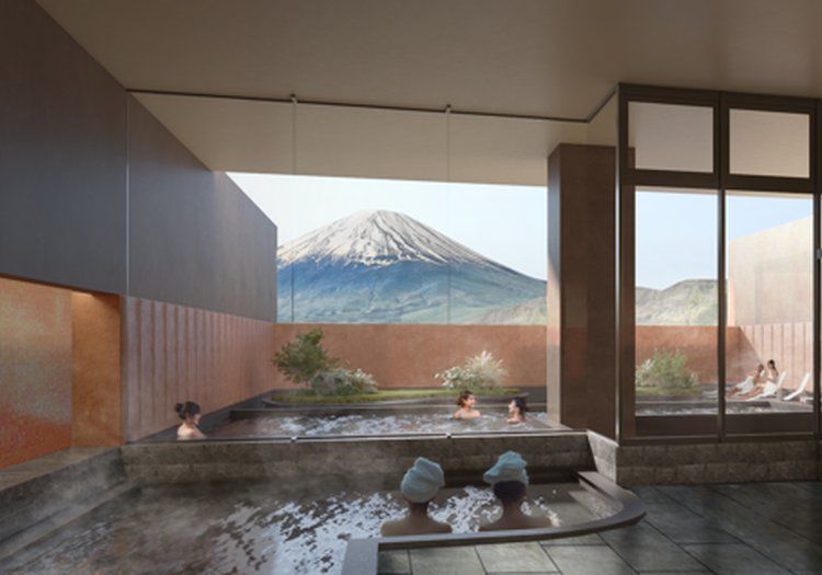 富士山を望む天然温泉とサウナ。温浴スパの受付やご案内もお任せします。※完成イメージ
