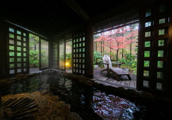 庭園露天風呂にはウッドデッキも備わり、周囲の岩には備長炭も敷き詰められています。